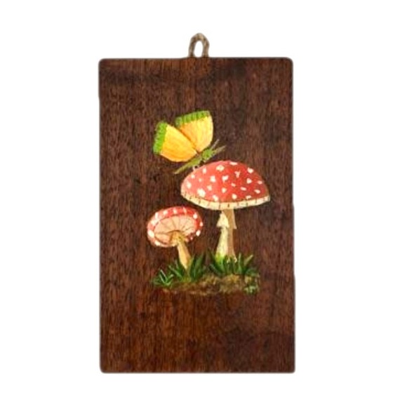 Miniature Tole Wooden Wall Plaque Painted Mushrooms and Butterfly - Picture 1 of 6
